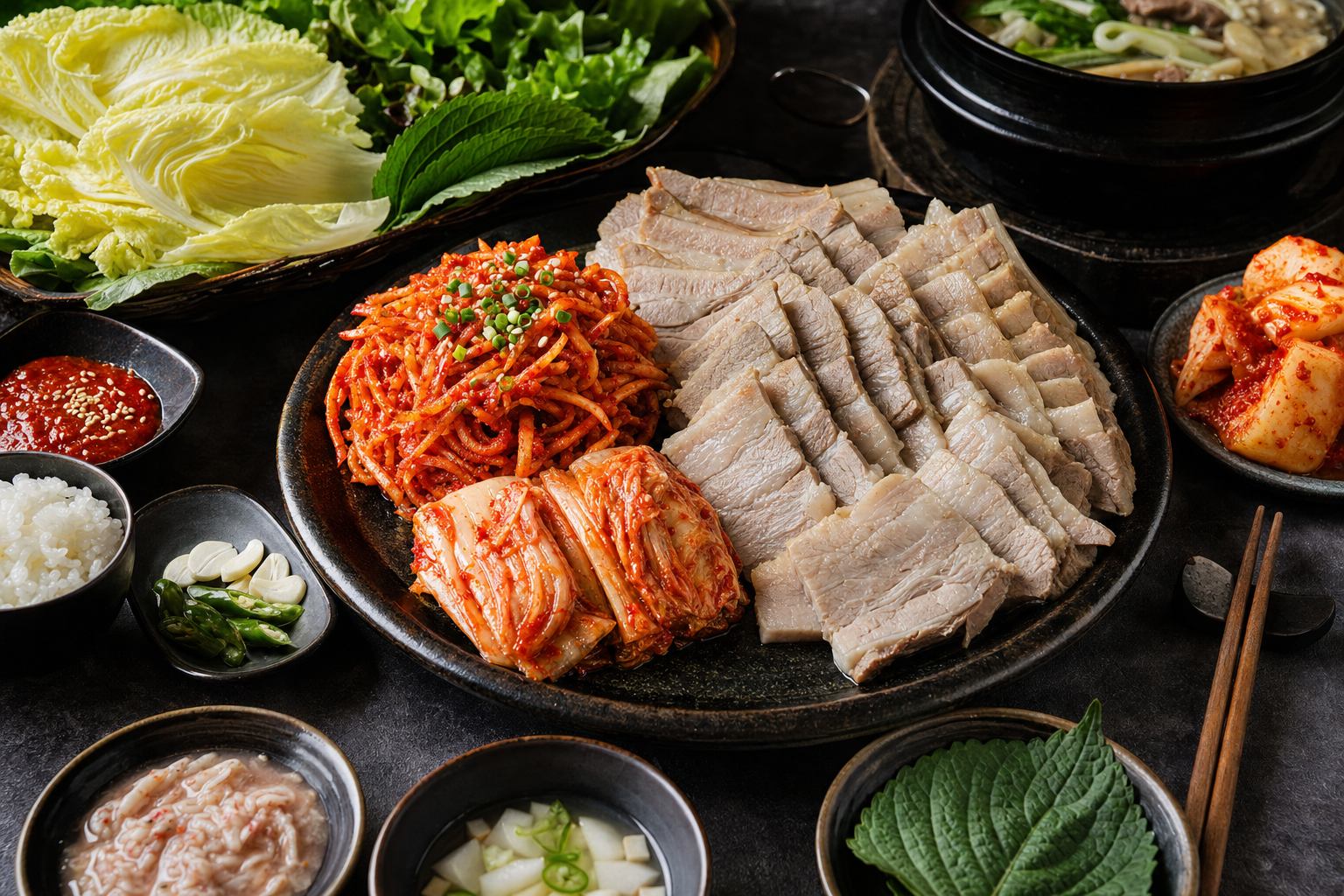 Bossam — Tender simmered pork belly with spicy radish salad, kimchi and leaves for wrapping