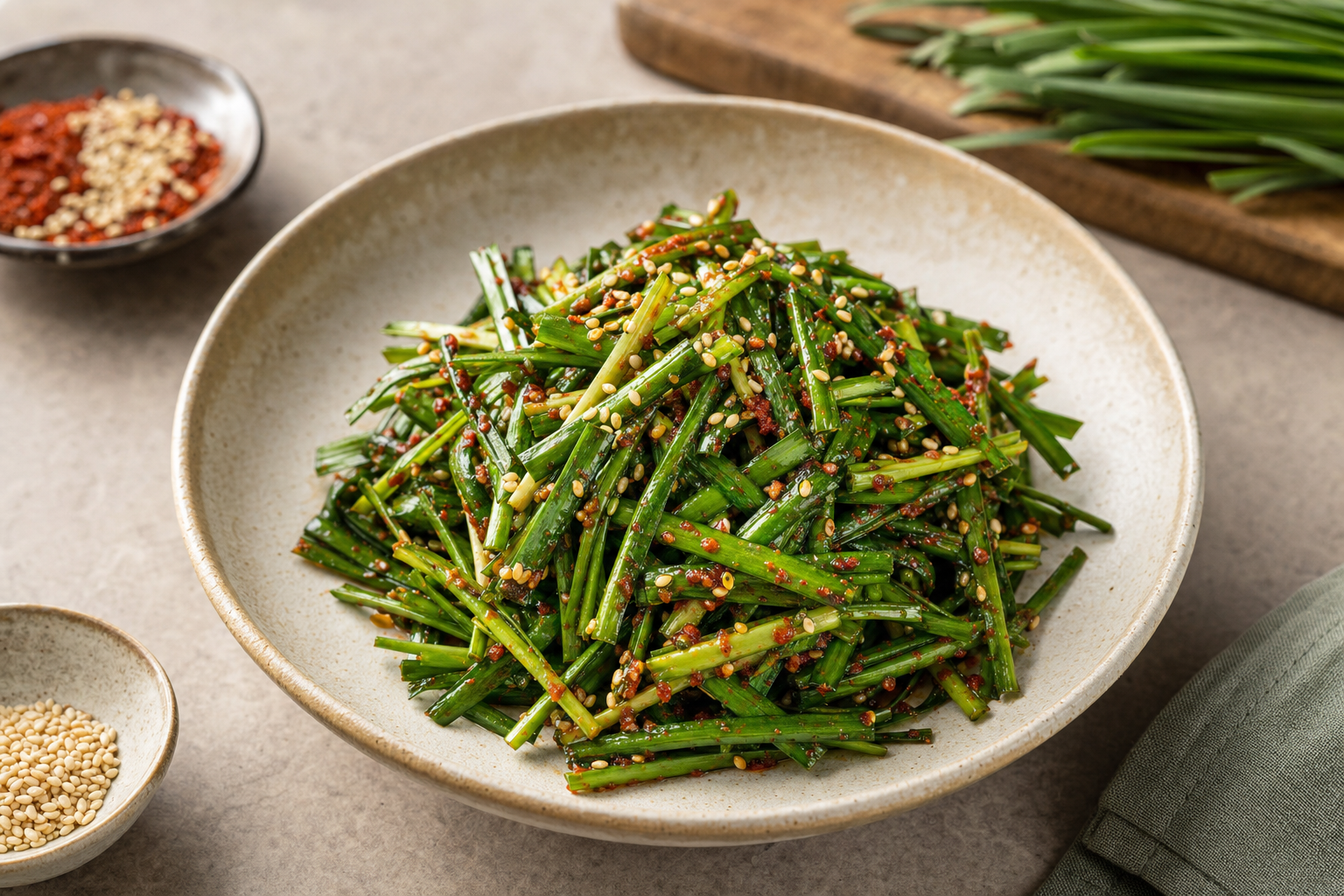 Buchu Muchim — Korean garlic chive salad with gochugaru — on the table in 15 minutes