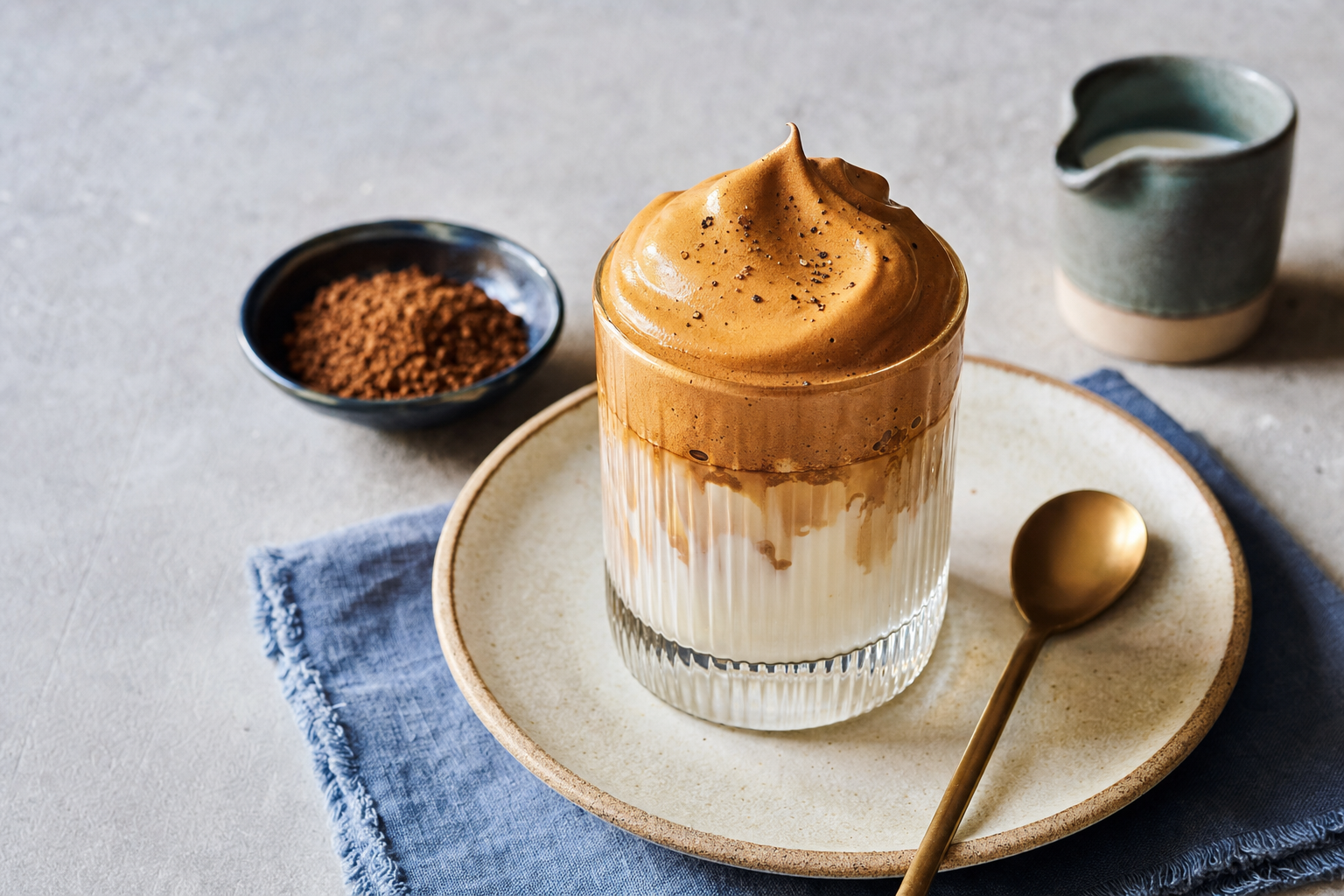 Dalgona Coffee — Whipped coffee cream spooned over cold milk — ready in ten minutes