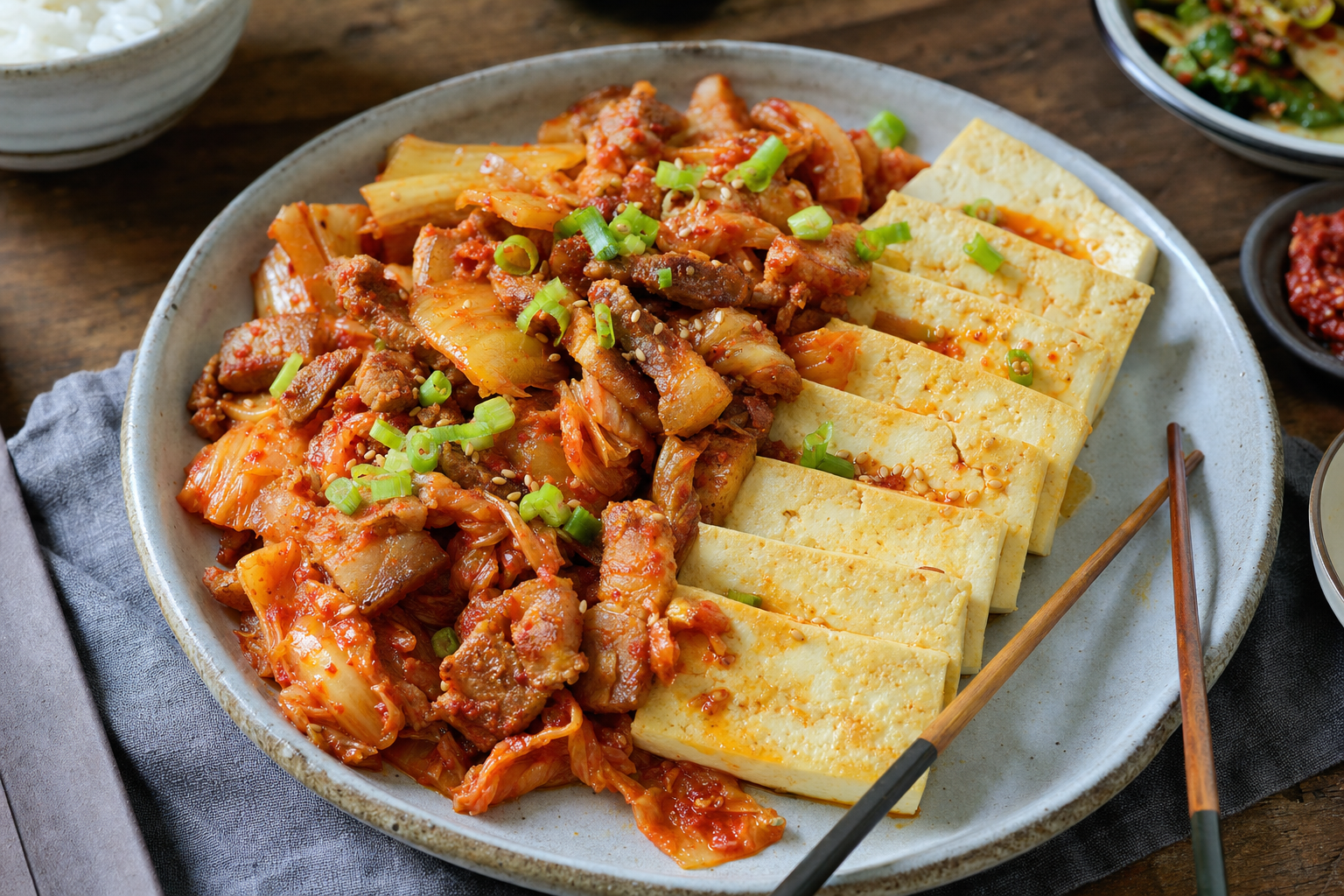 Dubu Kimchi — Warm tofu slices with pork belly and sharply fried sour kimchi