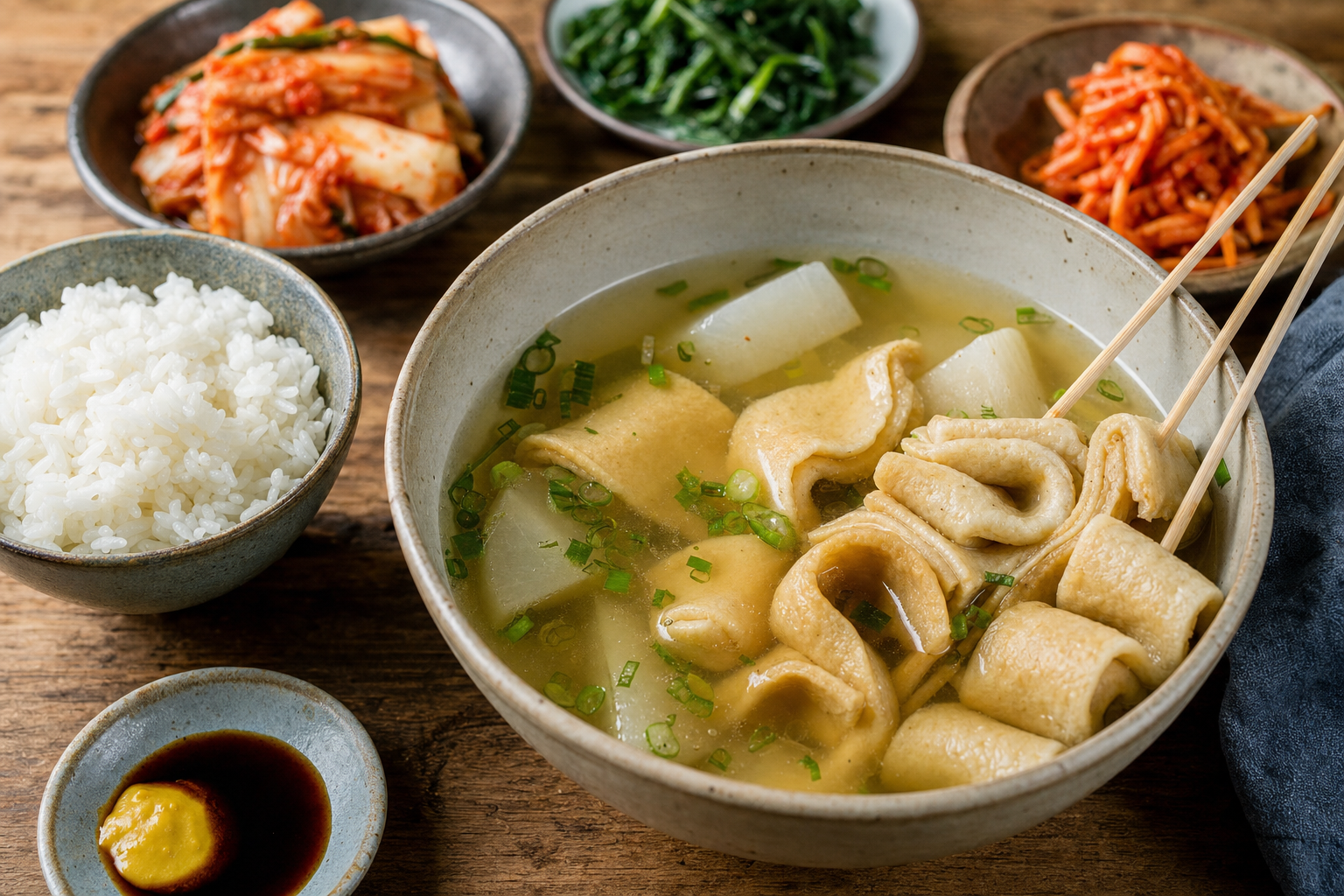 Eomuk Guk — Korean fish cake soup in a clear anchovy broth with radish and skewers