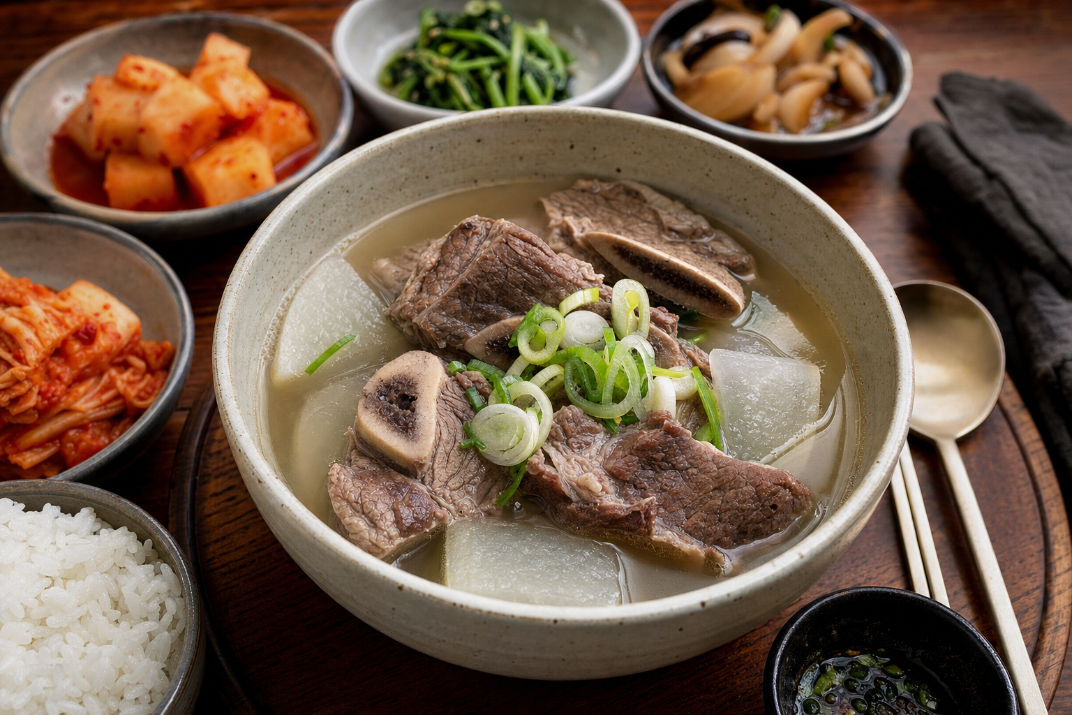Galbitang — Korean beef short rib soup with clear broth, tender ribs and soft radish