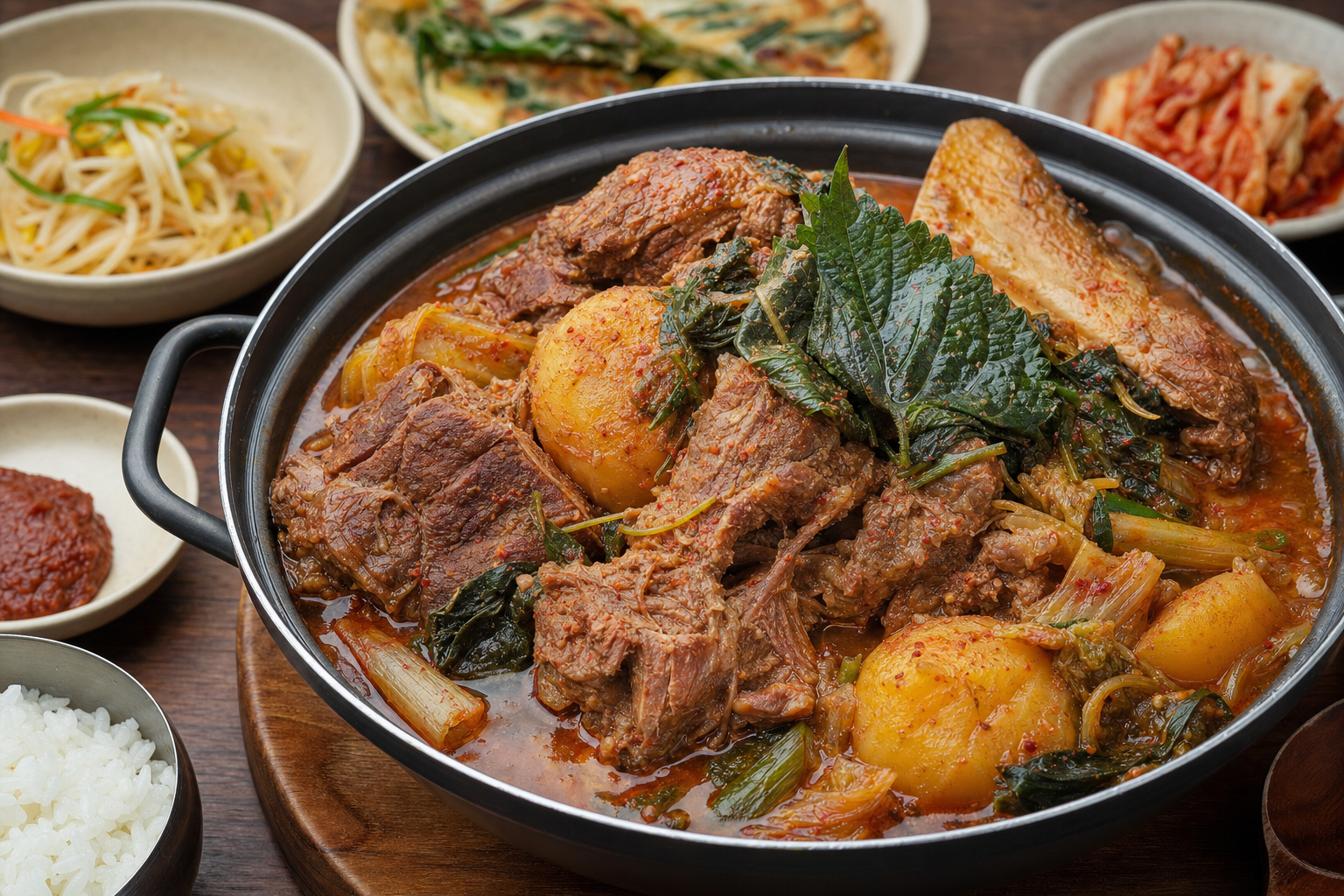 Gamjatang — Korean pork bone stew with potatoes, napa cabbage and perilla