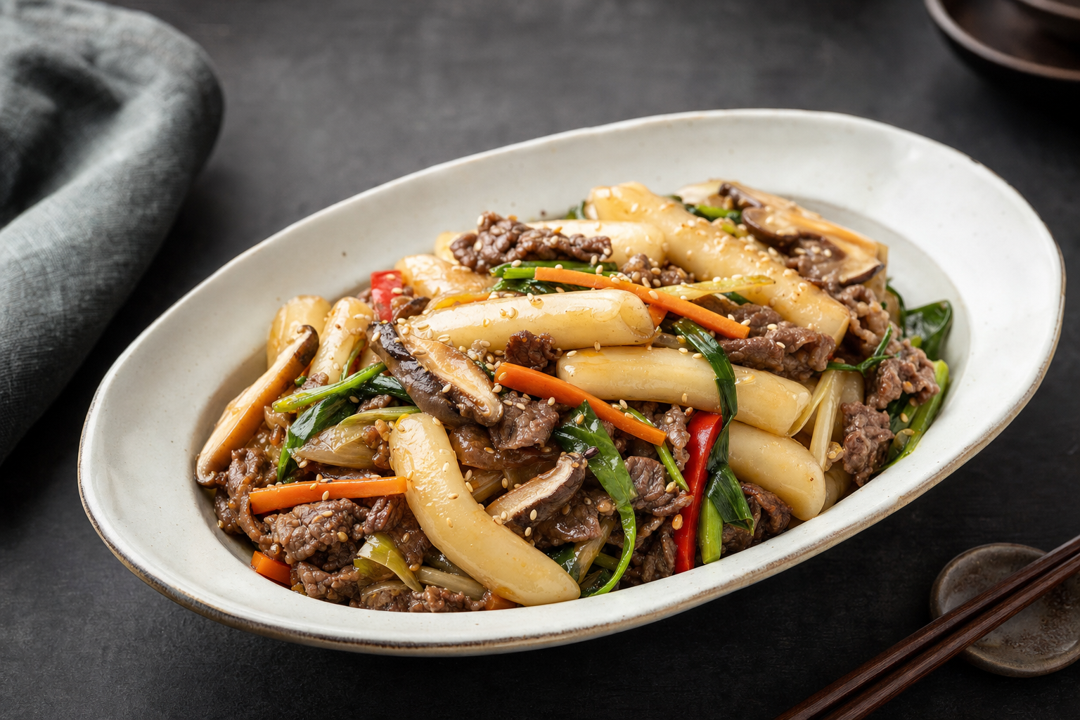 Gungjung Tteokbokki — Rice cakes with beef and vegetables in a soy sauce glaze — mild, not spicy
