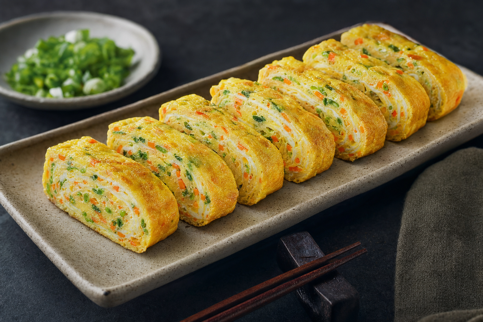 Gyeran Mari — Korean rolled omelette with scallion and carrot, sliced thick