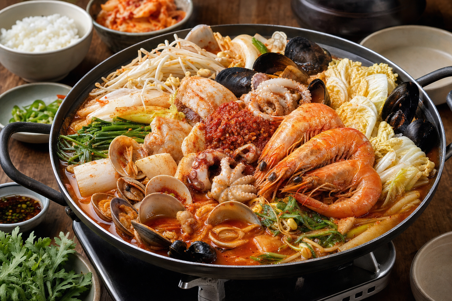 Haemul Jeongol — Korean seafood hot pot, spicy and simmered right at the table