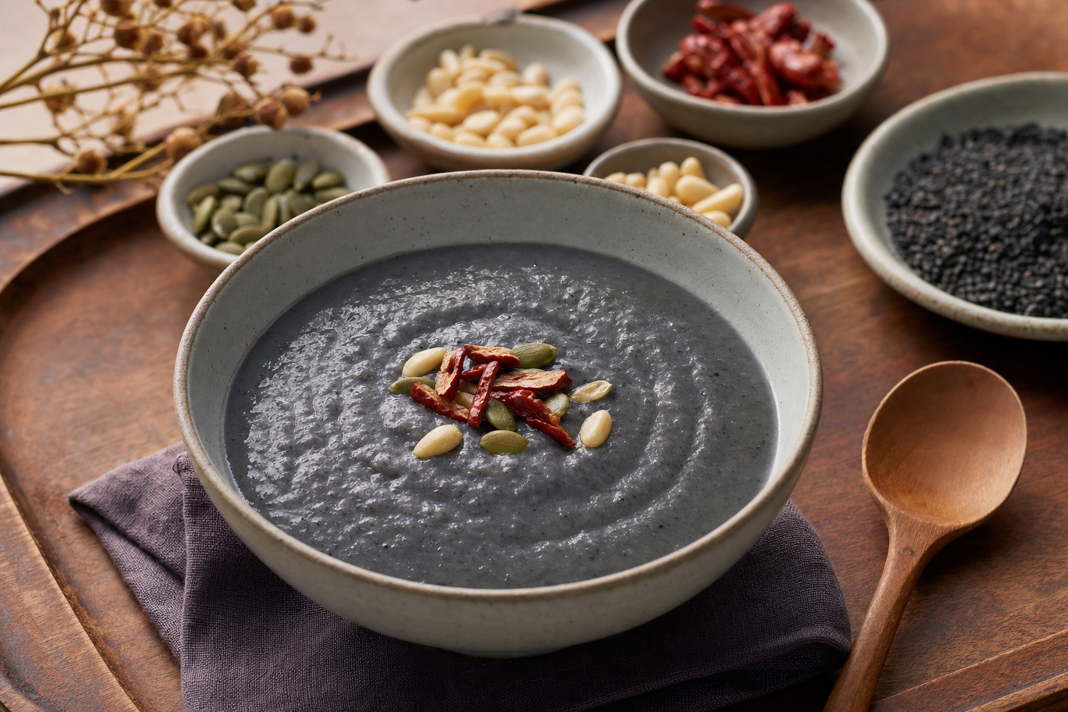 Heukimja-juk — Silky Korean rice porridge with toasted black sesame, served warm for breakfast