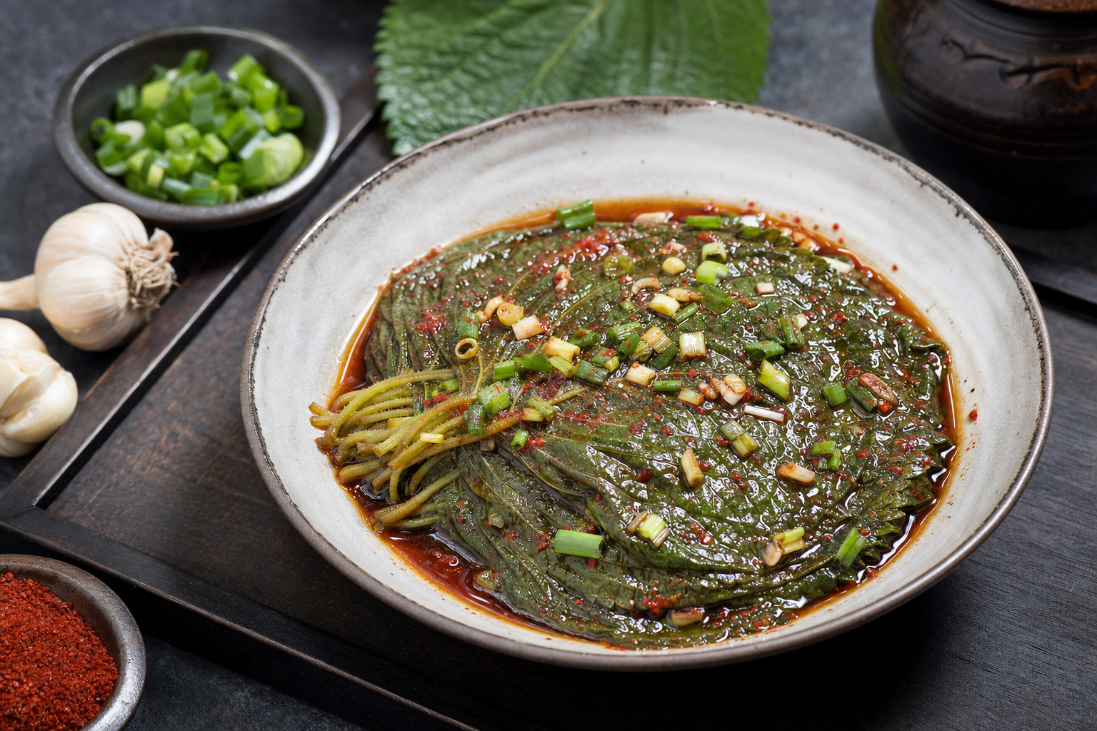 Kkaennip Jangajji — Pickled perilla leaves in a savory soy marinade — the banchan that steals your rice