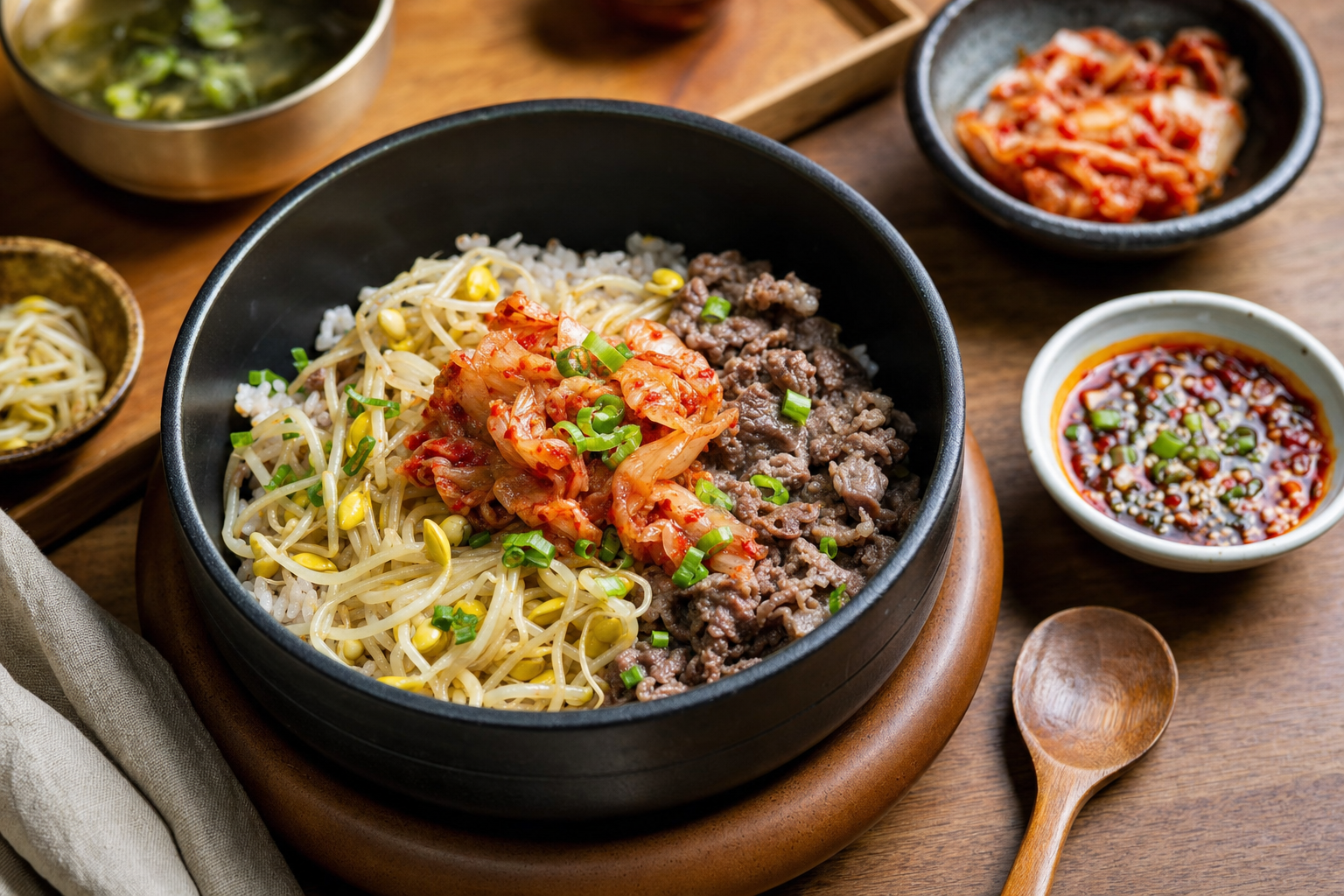Kongnamul Bap — Korean one-pot rice with soybean sprouts, meat and kimchi, with yangnyeomjang on the side