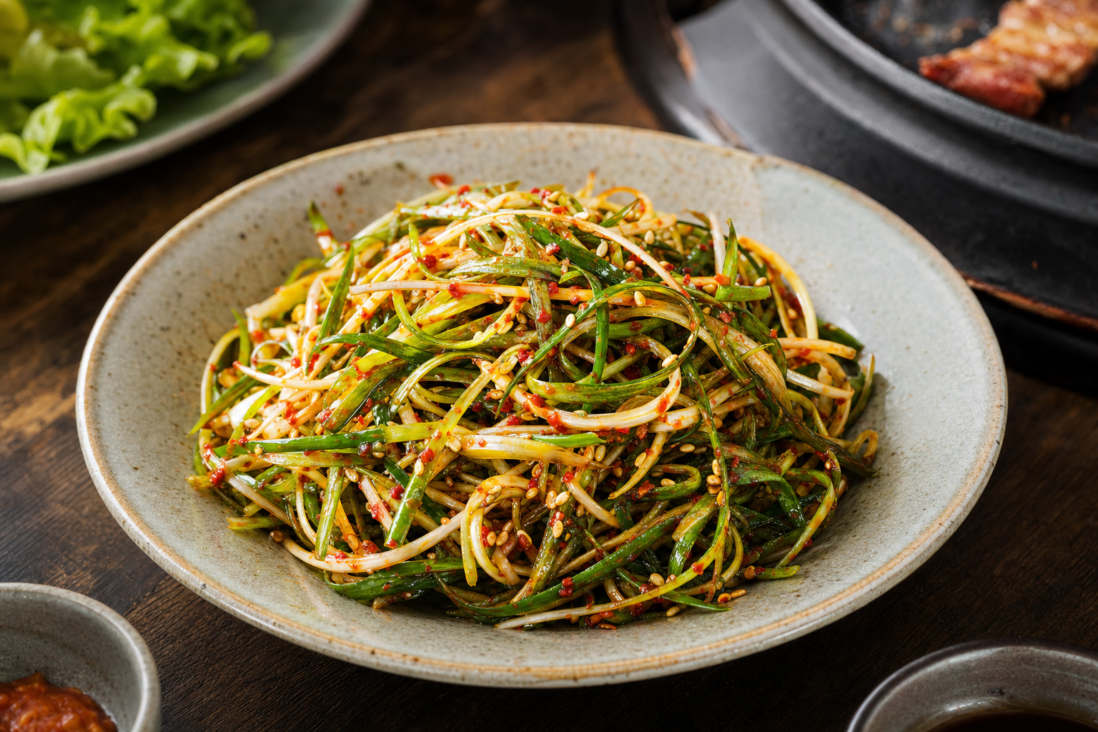 Pa Muchim — Korean green onion salad: fine slivers with gochugaru, sesame and soy, ready in 15 min