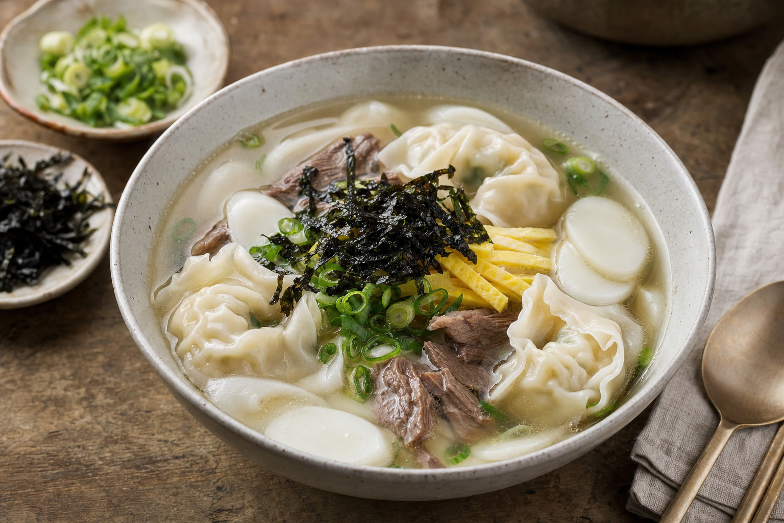 Tteok Mandu Guk — Korean rice cake and mandu soup in a clear beef broth